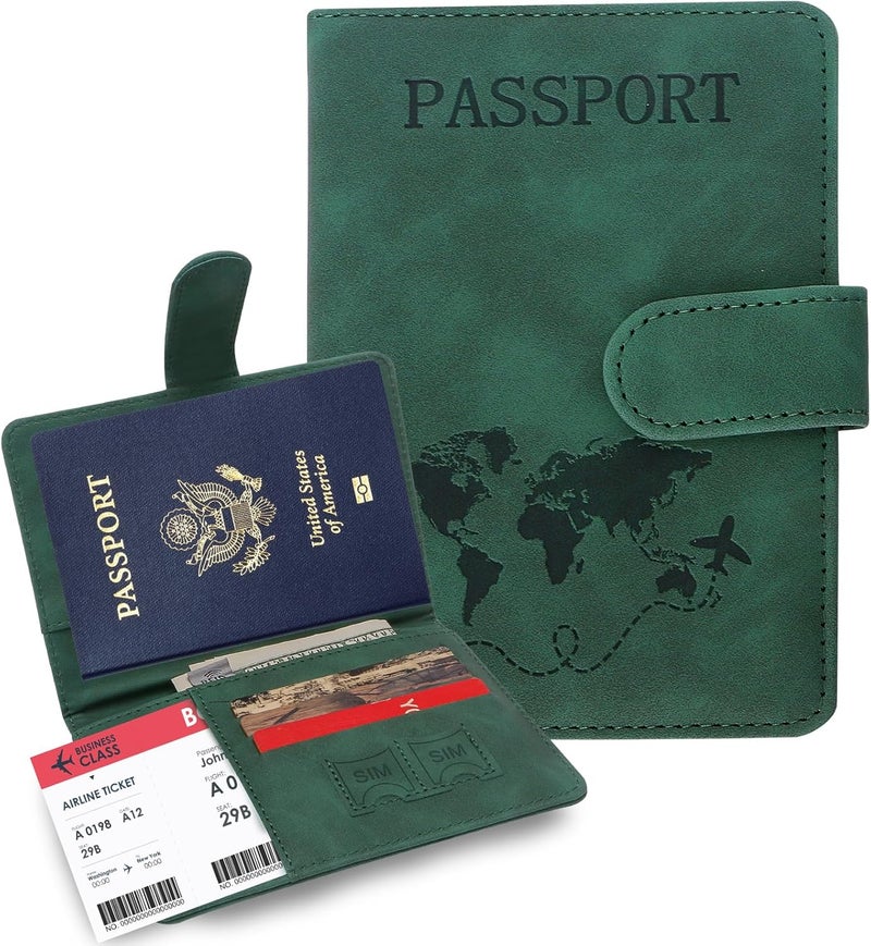 Sovirose Passport Holders, RFID Blocking Credit Card Holder, PU Leather Passport Holders for Travel with Magnetic Buckle, Travel Must Haves Cruise Ship Essentials for Men, Women (Green) - Image 1